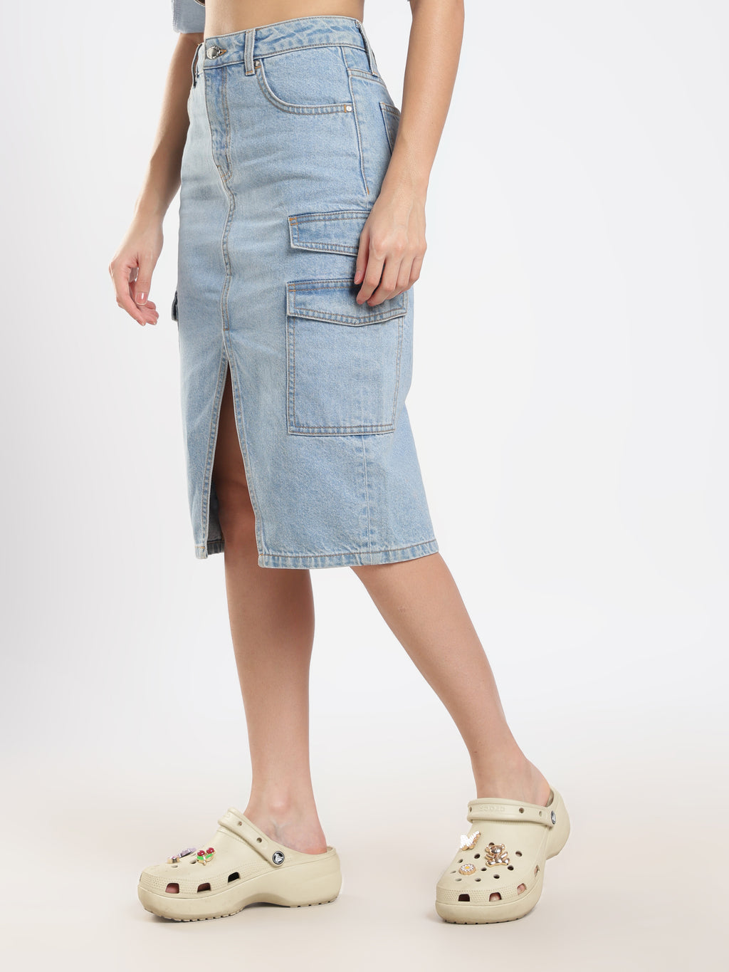 Denim Cargo Midi Skirt