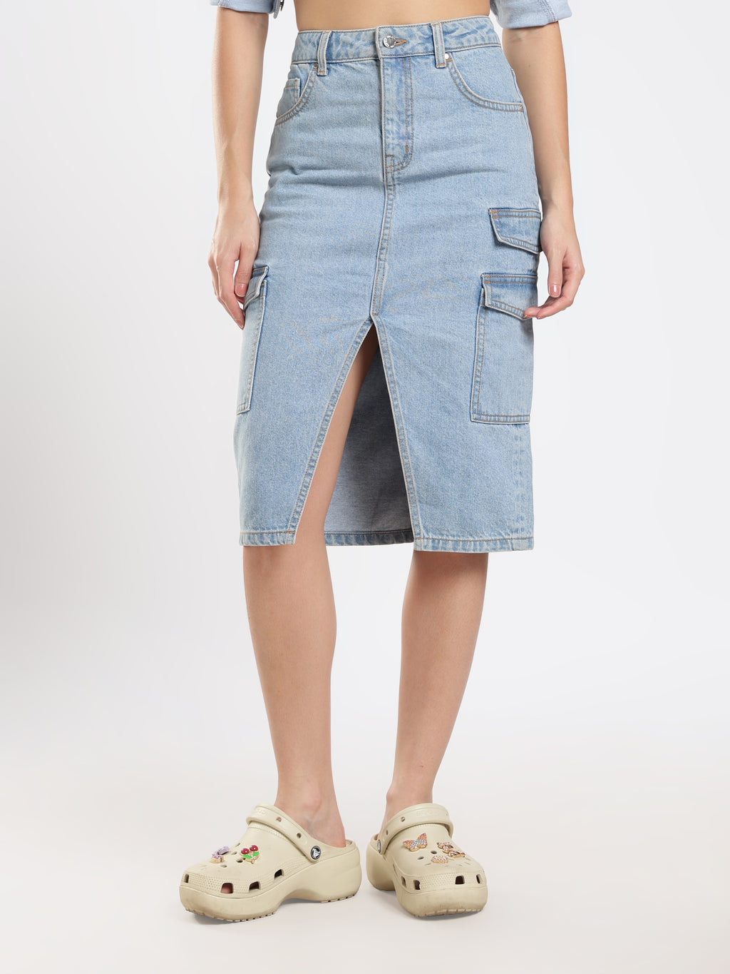 Denim Cargo Midi Skirt