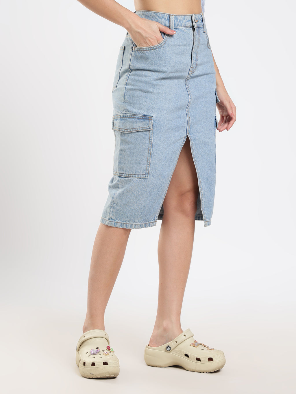 Denim Cargo Midi Skirt