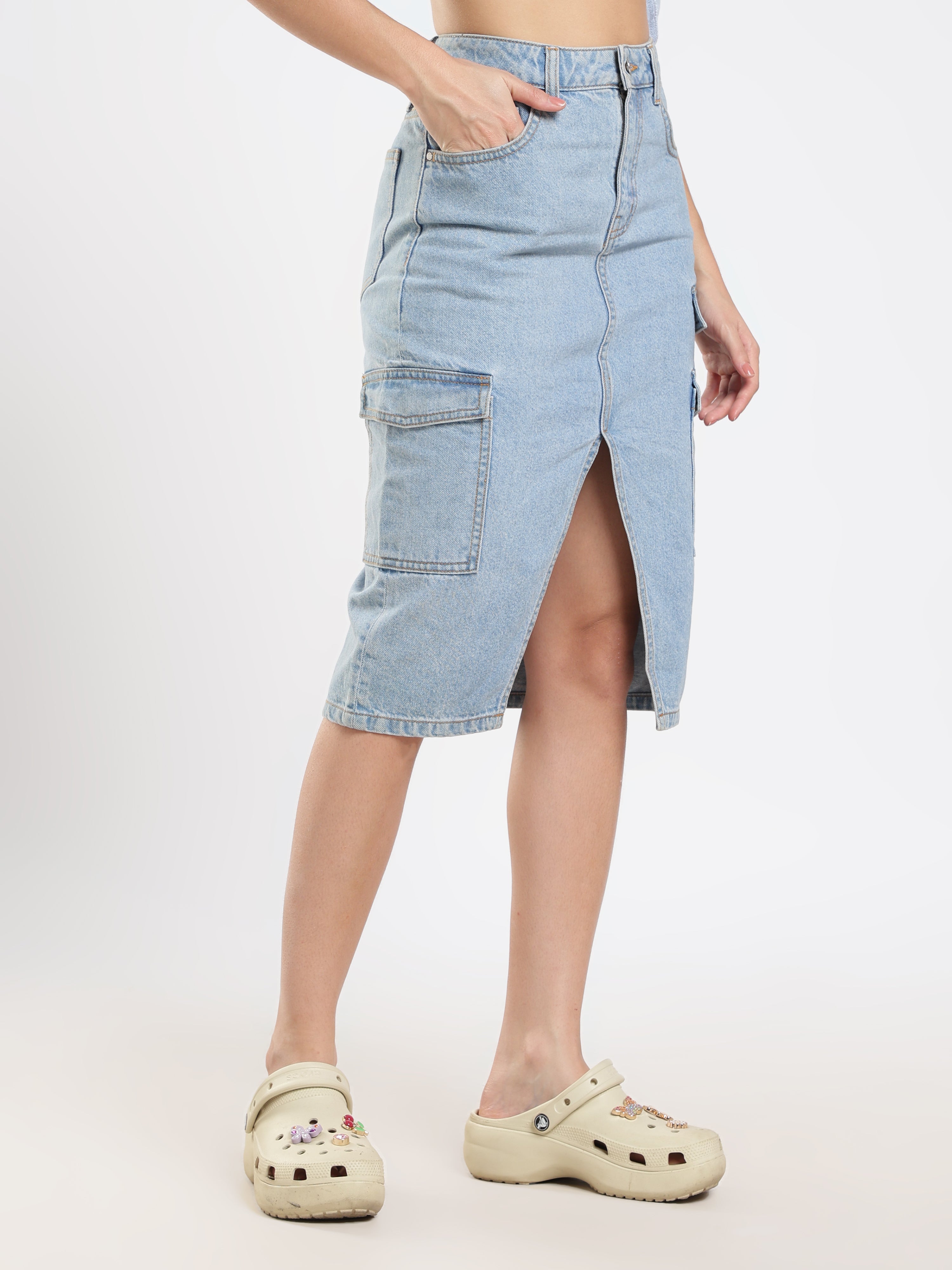 Denim Cargo Midi Skirt