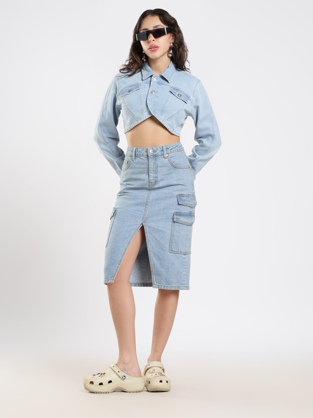 Denim Cargo Midi Skirt