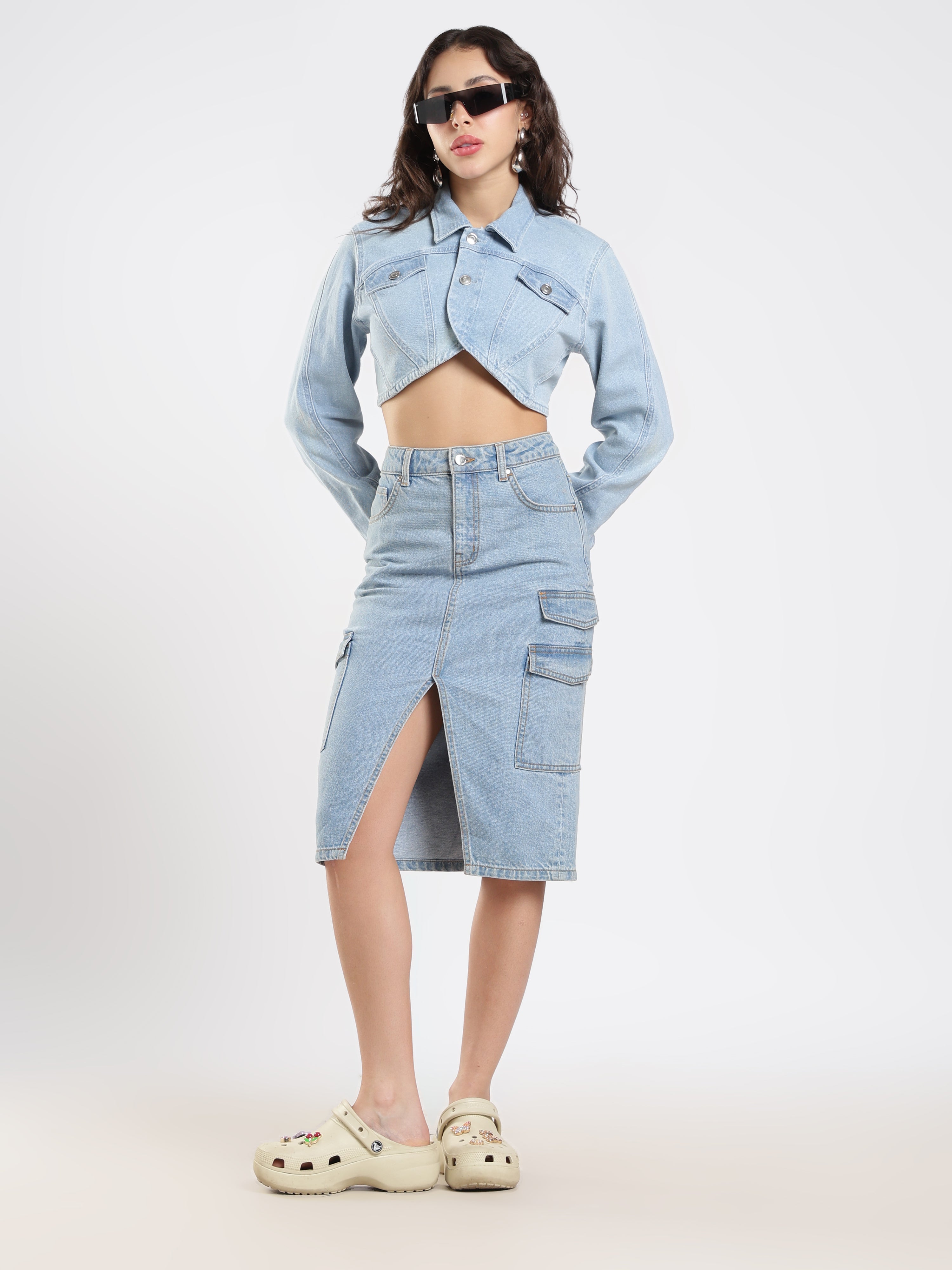 Denim Cargo Midi Skirt