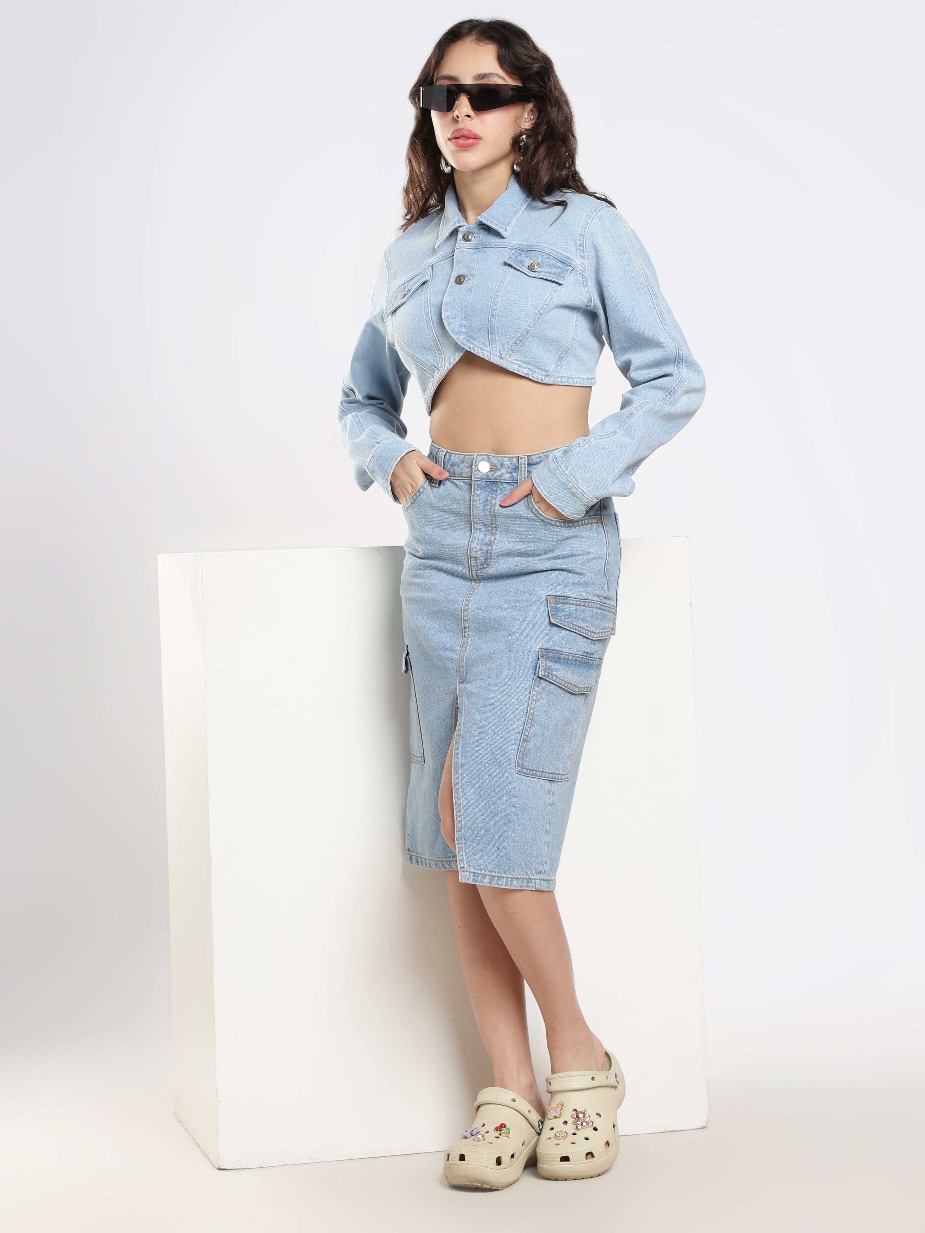 Denim Cargo Midi Skirt