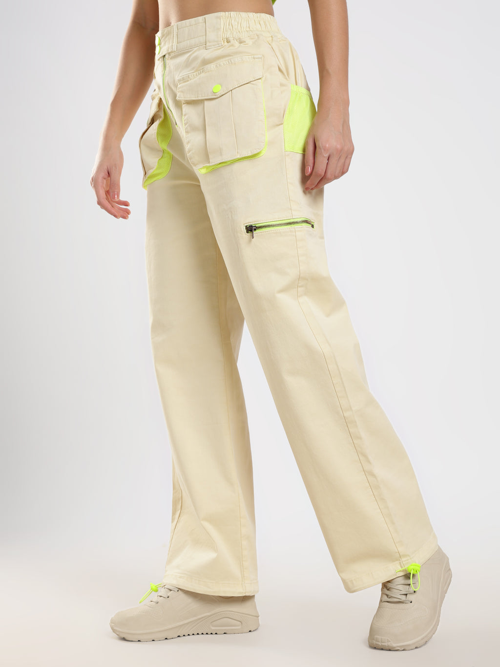 Beige Neon Detail Cargo Pants