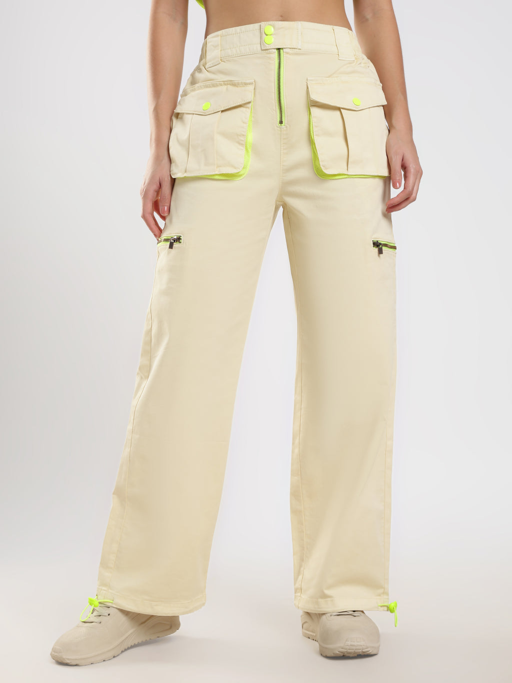 Beige Neon Detail Cargo Pants