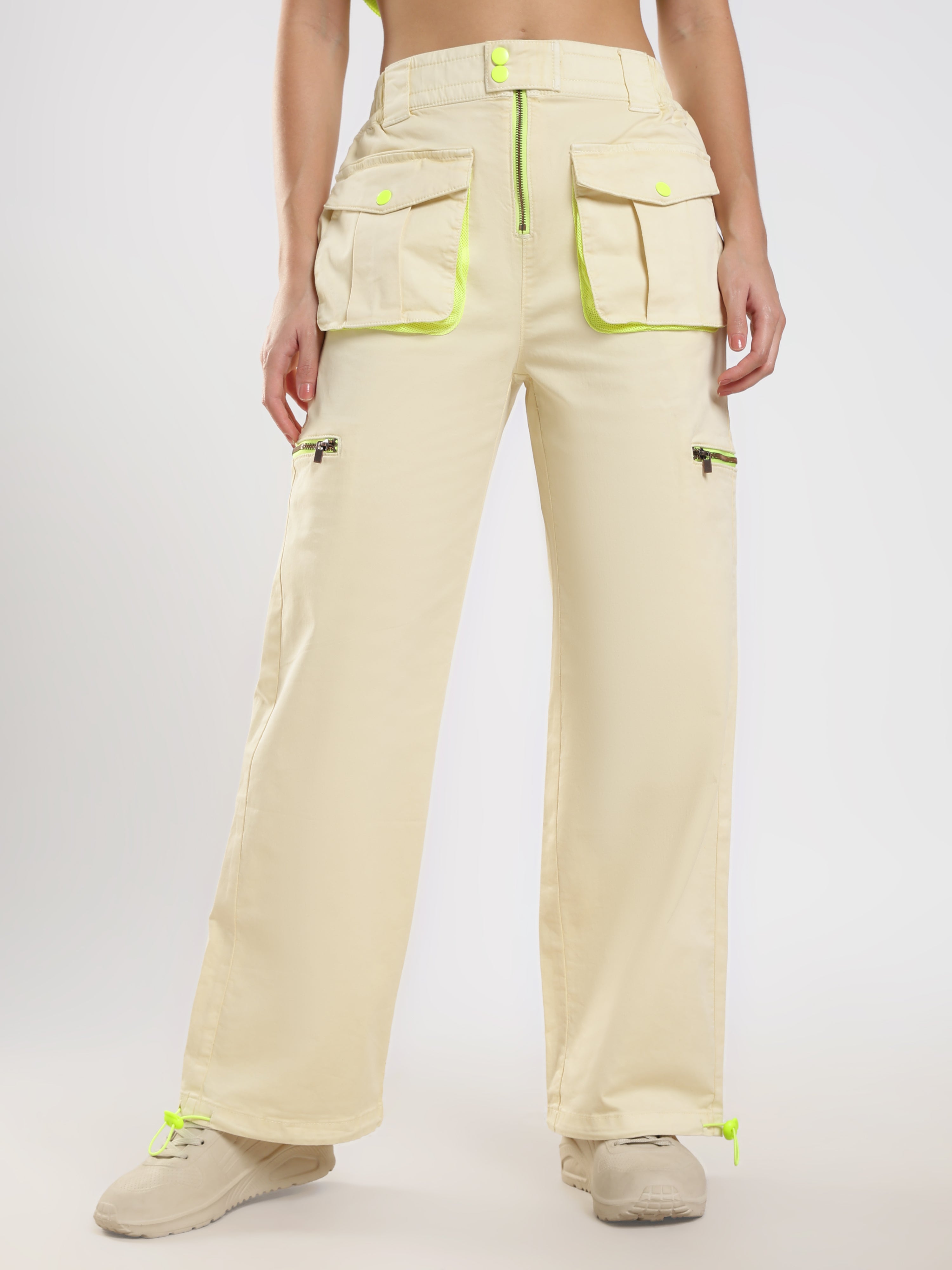 Beige Neon Detail Cargo Pants
