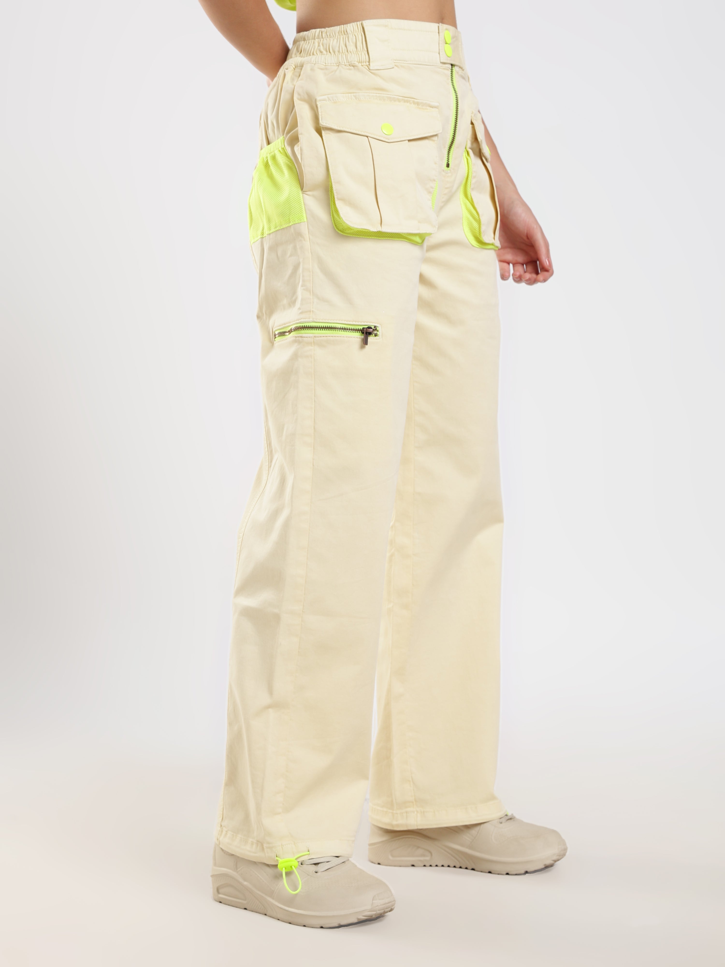 Beige Neon Detail Cargo Pants