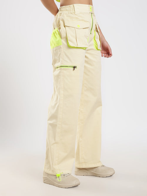 Beige Neon Detail Cargo Pants