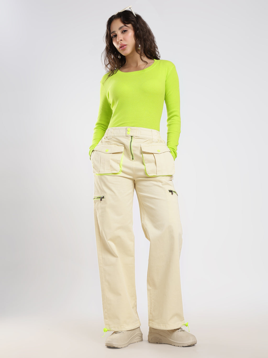 Beige Neon Detail Cargo Pants