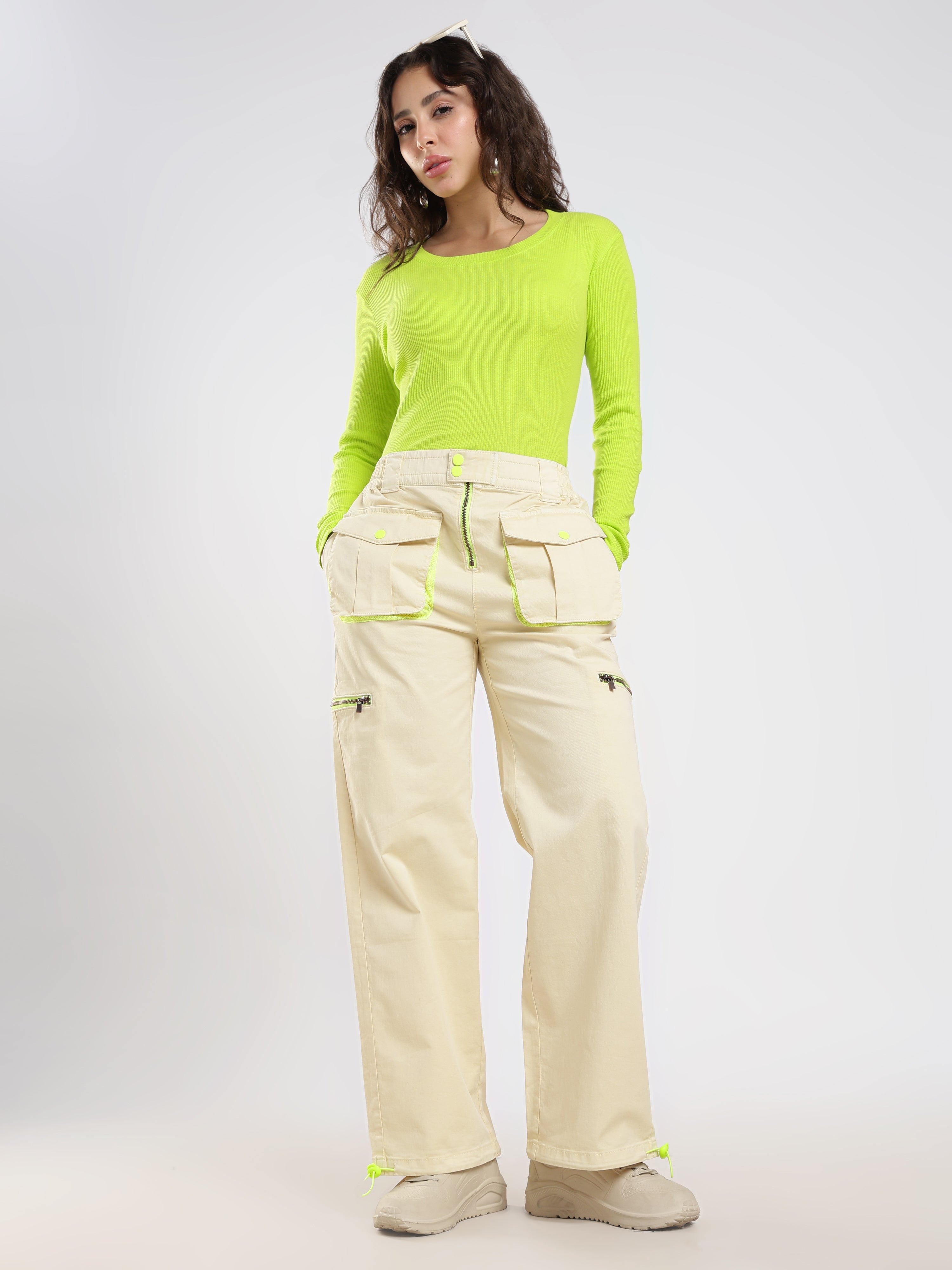Beige Neon Detail Cargo Pants