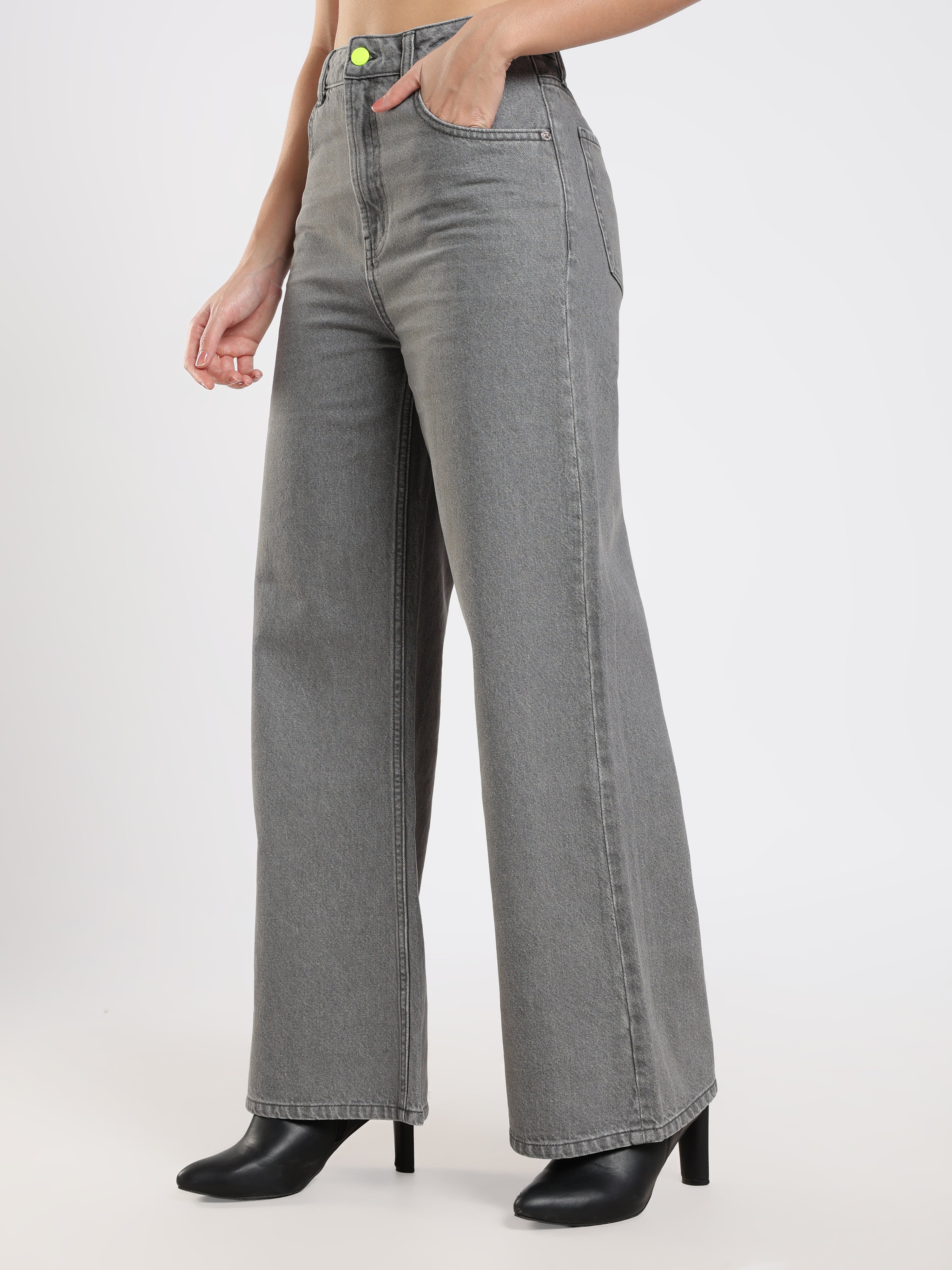 Grey Wide-Leg Denim Pants