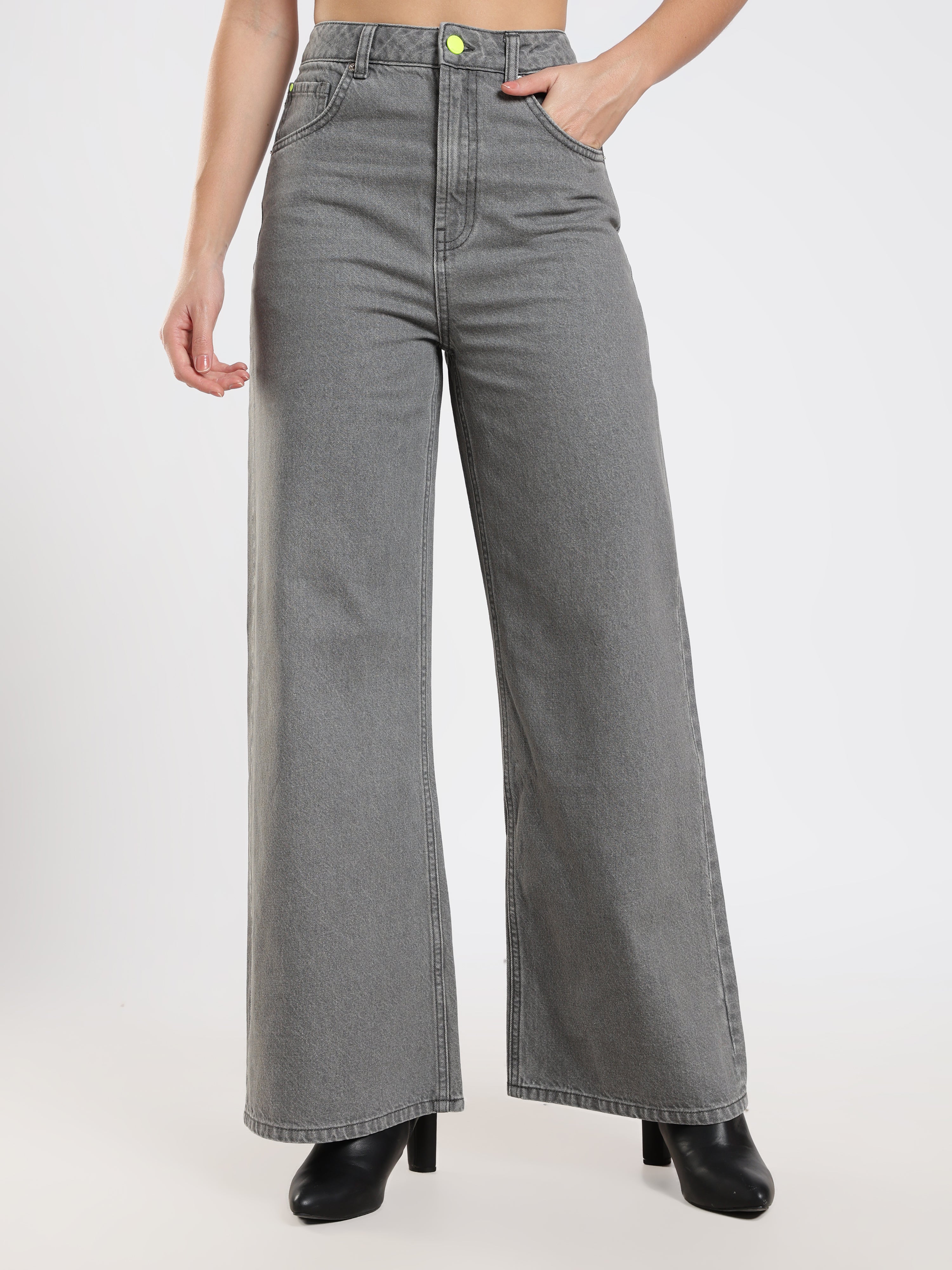 Grey Wide-Leg Denim Pants
