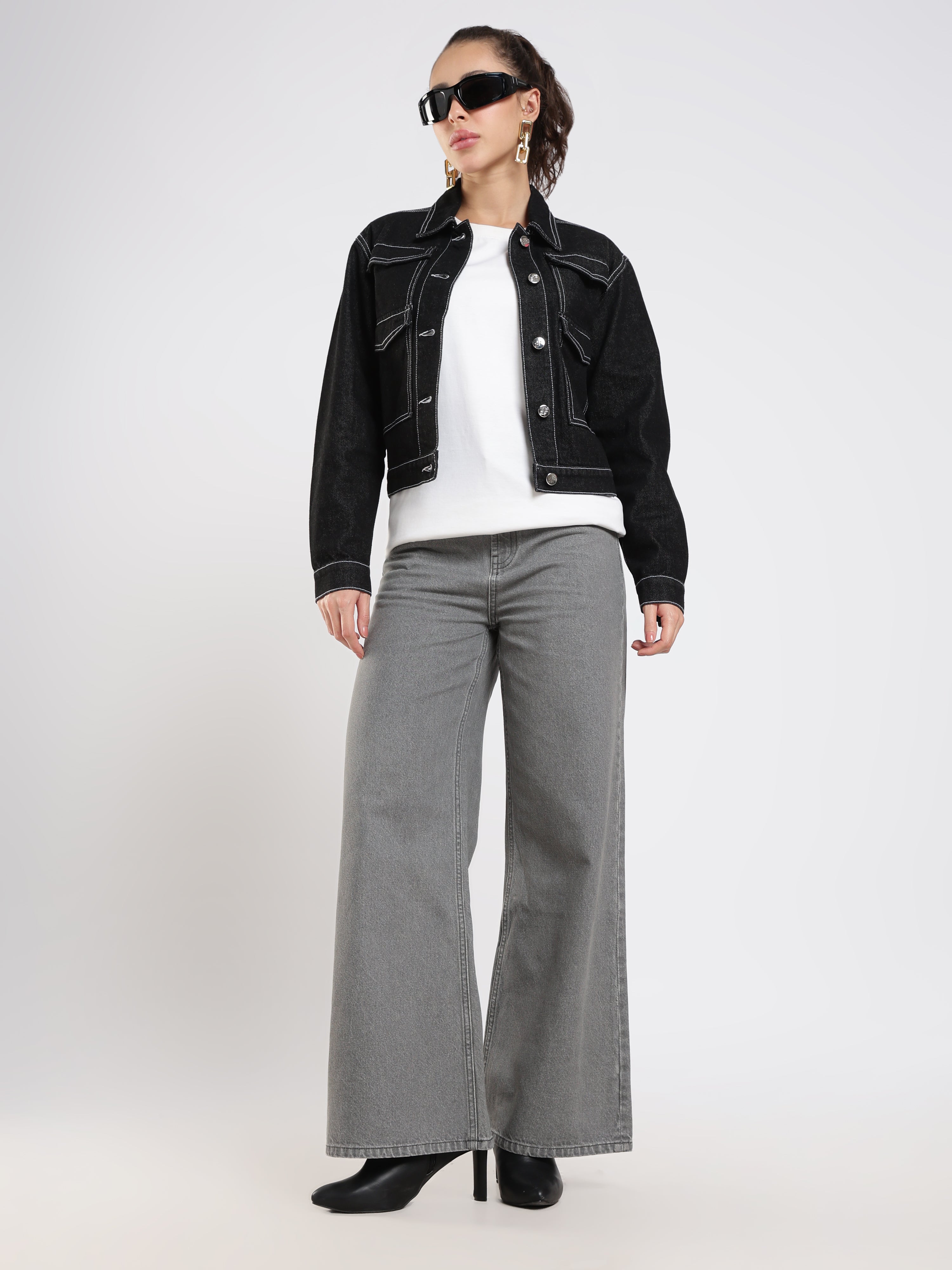 Grey Wide-Leg Denim Pants